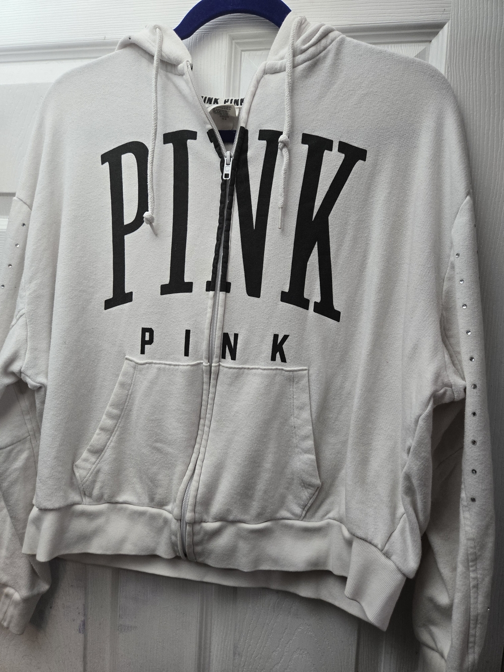 PINK White Zip-Up Hoodie with Black Logo & Rhinestones